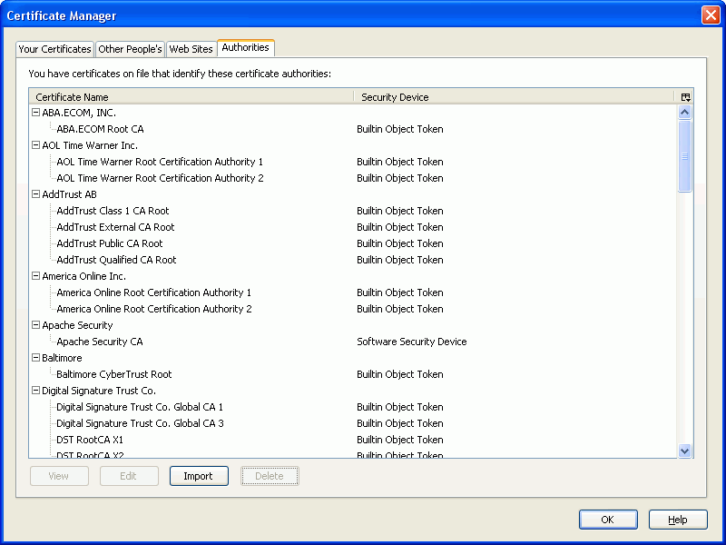 A list of certificate authorities accepted by Mozilla 1.7