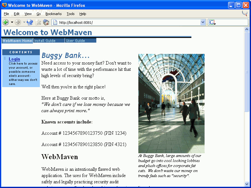 WebMaven (a.k.a. Buggy Bank) welcome page
