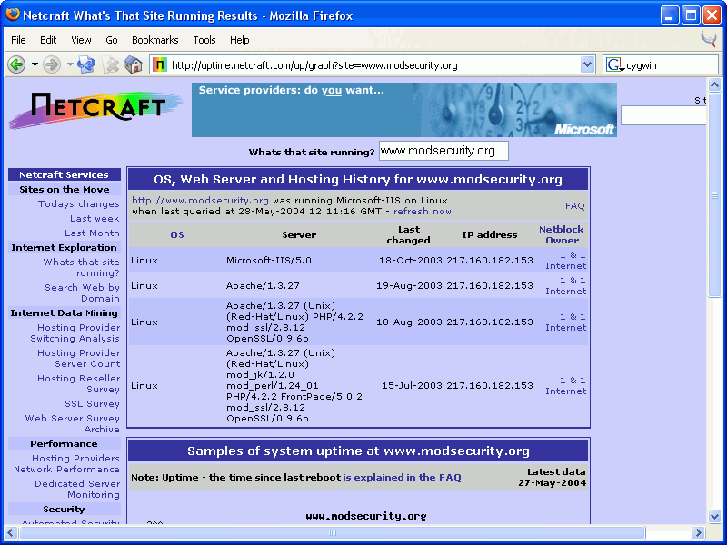 Historical server information from Netcraft