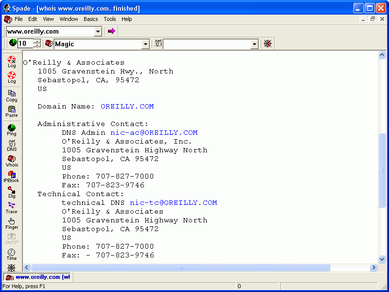 Sam Spade results of a whois query for www.oreilly.com